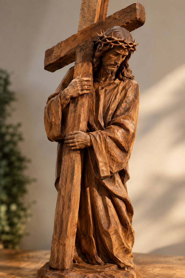 A hand-finished carving of Christ carrying the cross